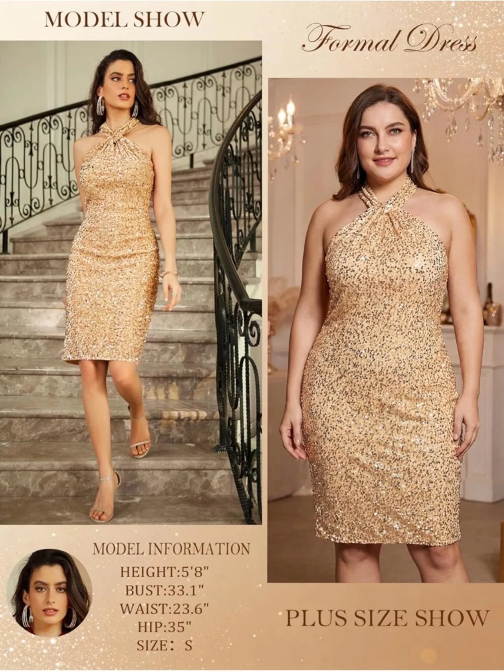 GRACE KARIN Sequin, Sleeveless, Sparkly Sequins, Halter Bodycon Mini Dress, S - Picture 3 of 4